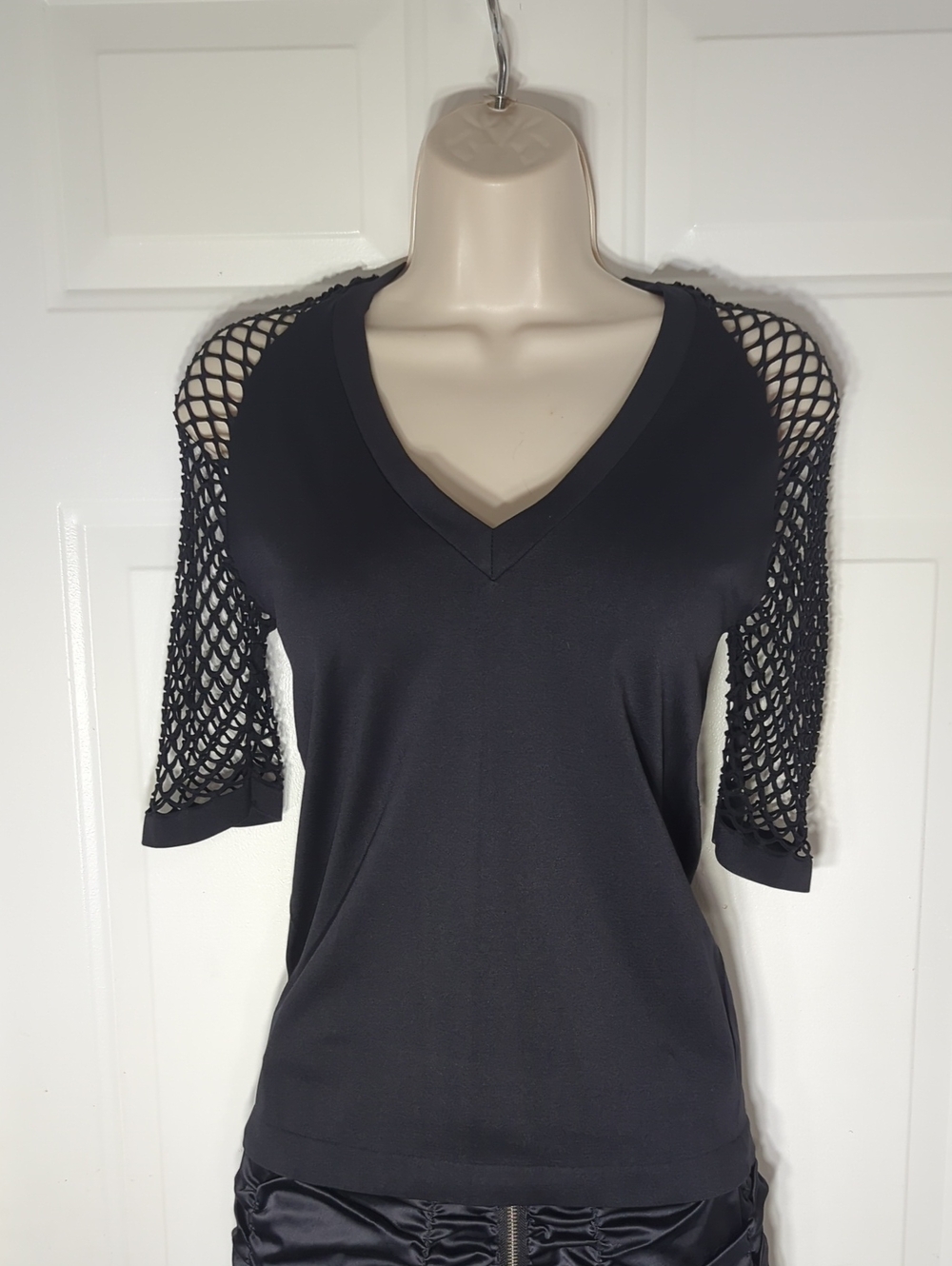 Venus Black Fishnet Sleeve Open Back Deep V-Neck Top Medium